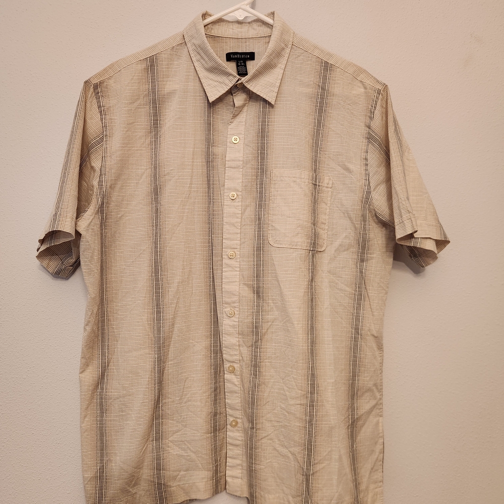 Van Heusen Beige Short-Sleeve Button-Down Shirt with Gray Stripes